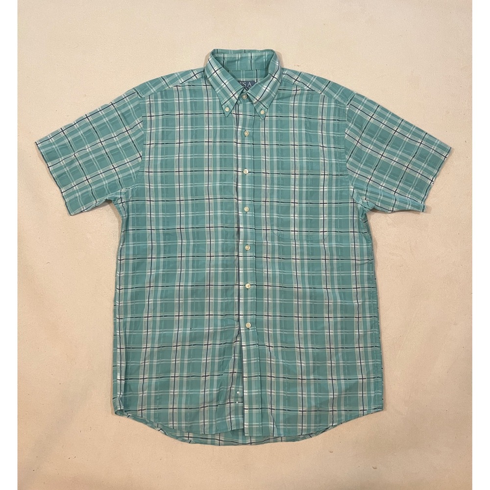 Jos. A. Bank Stays Cool Mens Green Plaid Short Sleeve Button Down Shirt Size M